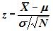 Z formula: Z= [x-bar minus mu] / [sigma / square root of N]